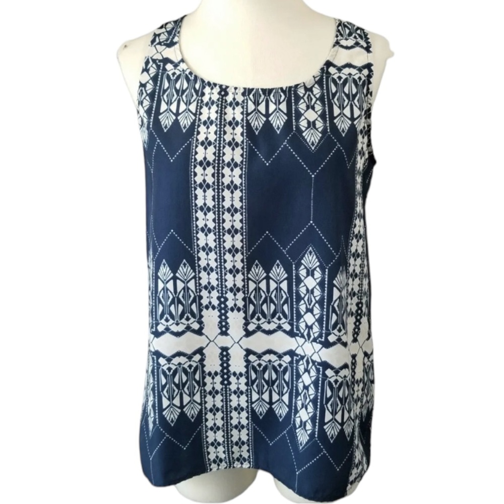 Olive & Oak size large navy & cream top Aztec design scoop neck back zipper EUC